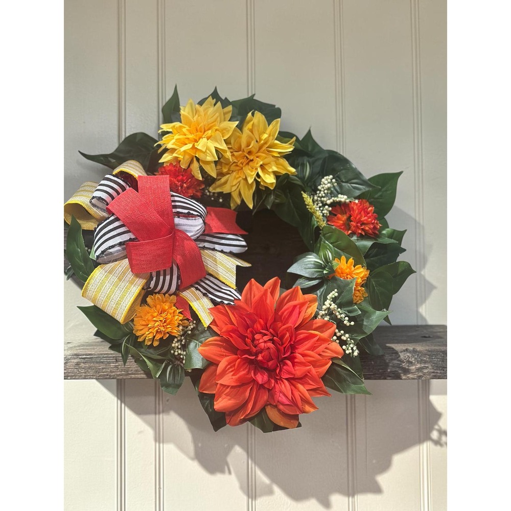 Handmade Year-Round Wreath: Greenery, Orange &yellow Door Decor